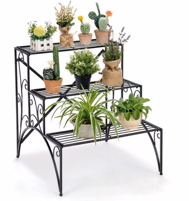 COSTWAY Black Metal Ladder Plant Stand and Flower Pot Holder