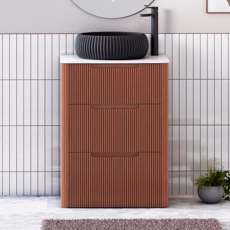 Royal Bathrooms Avenza 600mm Terracotta Clay Floor Standing 3 Drawer Vanity Unit with Plain White Worktop and Milan Black Basin