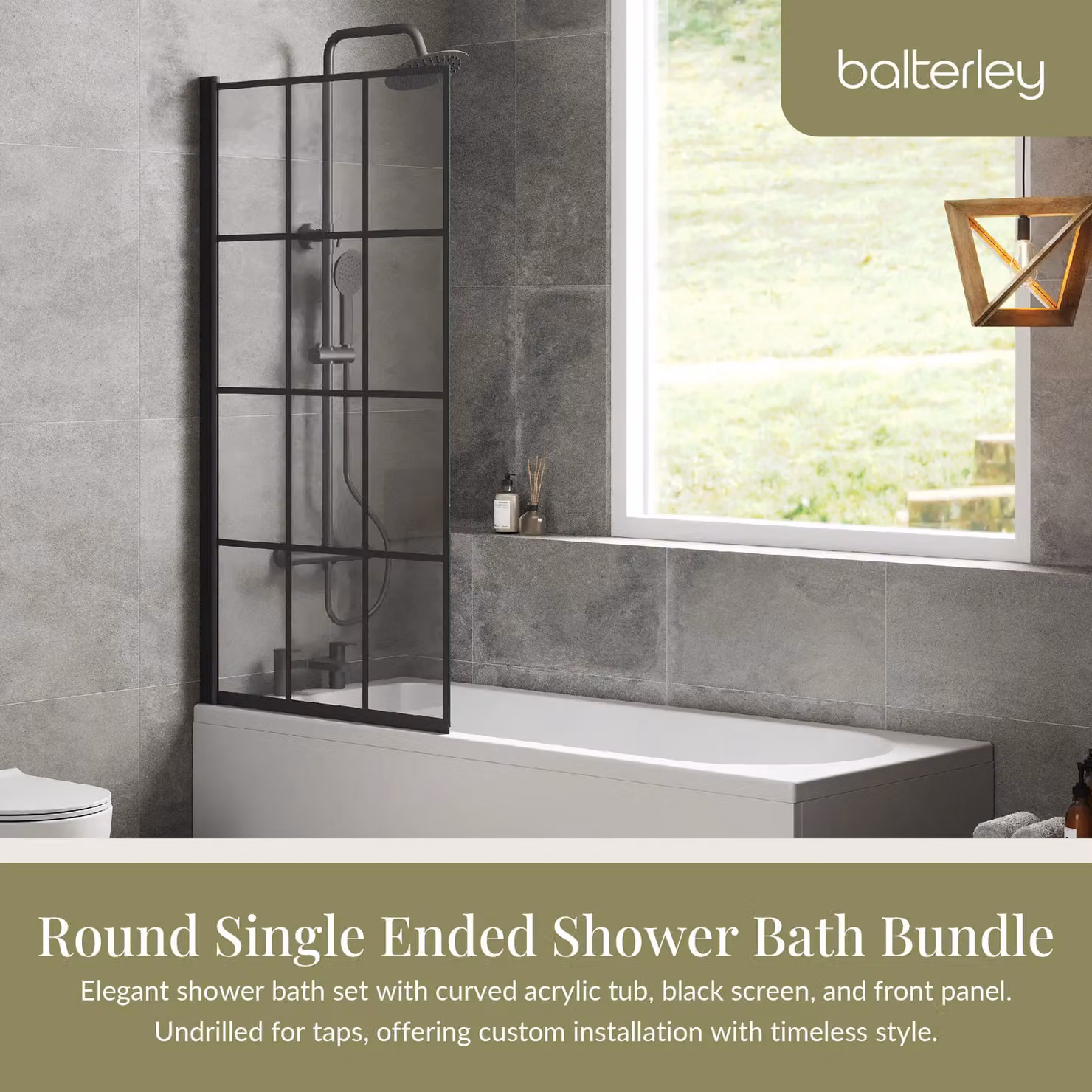 Balterley Round Shower Bath Set with White Panel and Black Hinged Glass Screen, W: 170 cm, D: 70 cm – 2