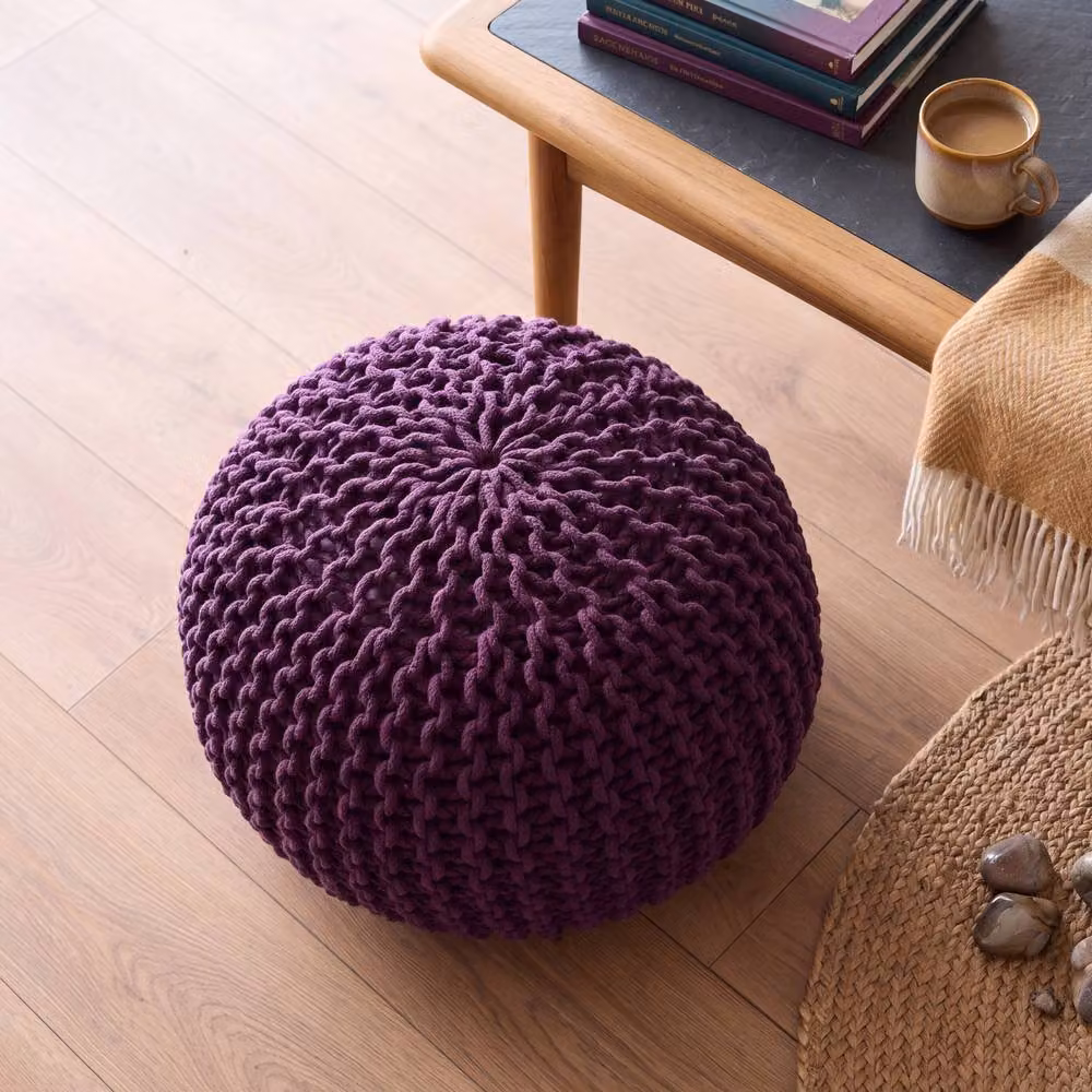 Bravich LTD Chunky Knitted Cotton Round Pouffe Footstool in Purple, Diameter: 50 cm – 5