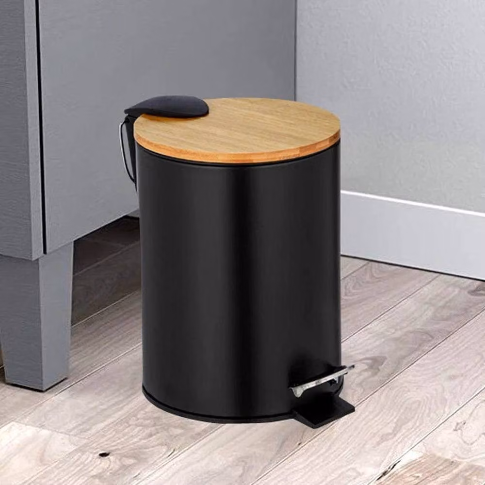 EONLION 3 Litre Black Stainless Steel Pedal Bin with Wooden Lid – 2