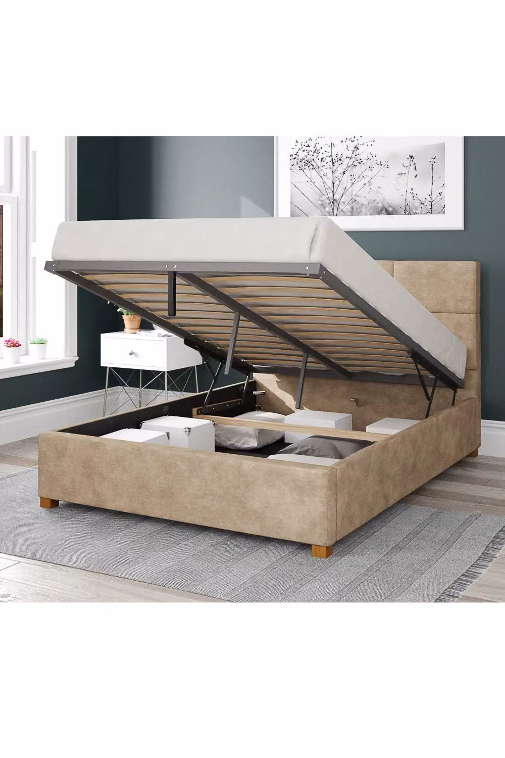Aspire Caine Upholstered Ottoman Storage Bed in Beige Kimiyo Linen Fabric, W/D/H: 140 x 200 cm – 2