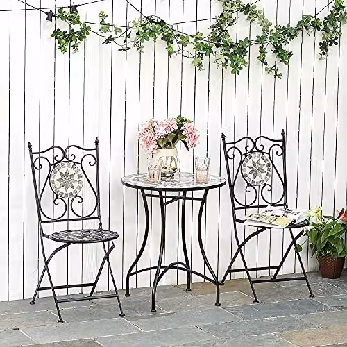 Outsunny 3 Piece Mosaic Tile Garden Bistro Set with Table and 2 Folding Chairs, Grey – 2