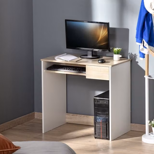 HOMCOM Modern Compact Computer Desk with Keyboard Tray in Oak Finish