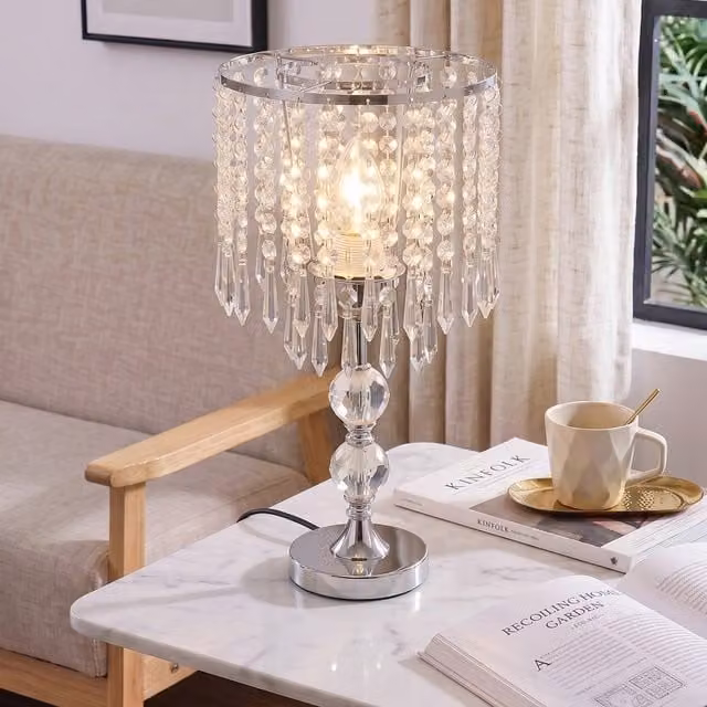 Living Star Modern Crystal-Beaded Table Lamp with Silver Metal Base and Transparent Shade, Height: 39 cm