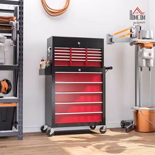 HOMCOM 2 in 1 Rolling Tool Cabinet with 14 Drawers, Pegboard and Lockable Top in Red – 2