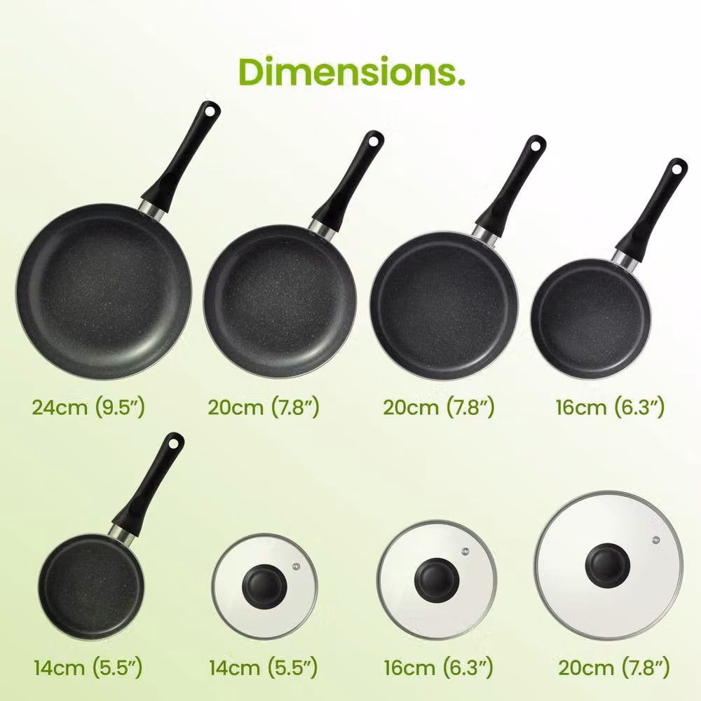 VonShef 8 Piece Non-Stick Granite Pots and Pans Set in Grey, Induction Safe with Glass Lids – 6