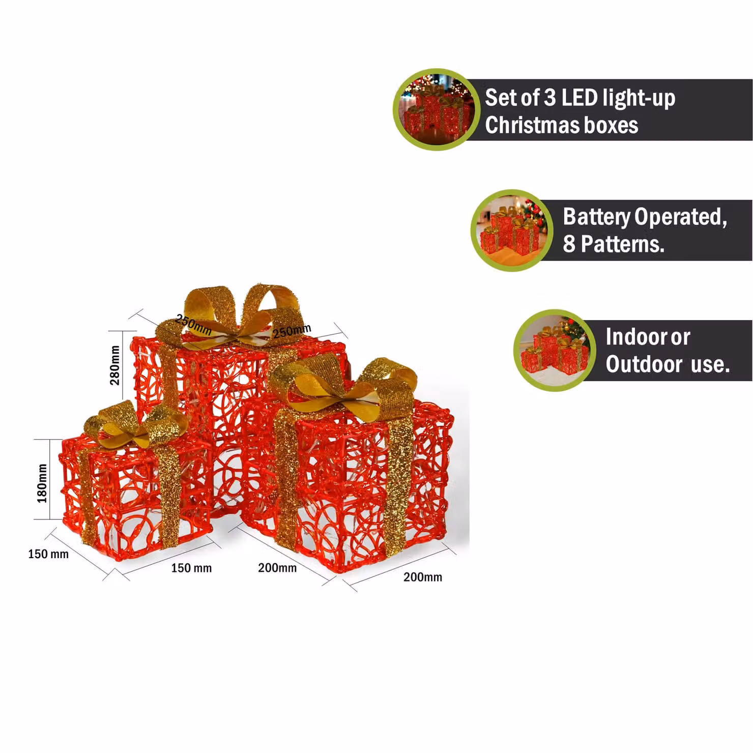 Pegdev Set of 3 Red LED Christmas Light Up Boxes, Battery Operated with Timer and 8 Light Patterns, 60 LEDs – 2