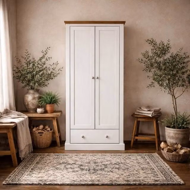 Wyld Haus Ardee White and Natural Oak 2 Door Wardrobe with 1 Drawer H 181.5 x W 56.0 x D 56.0 cm