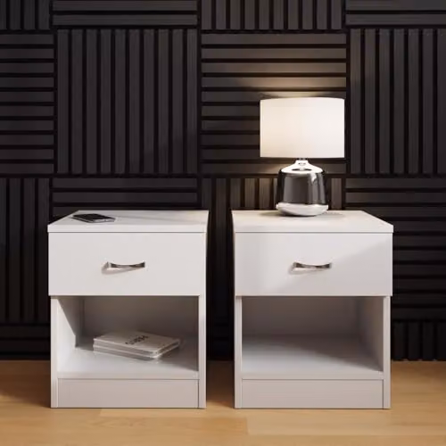 FWStyle Set of 2 White Modern Nightstands with Drawer and Open Shelf and Chrome Handles W/D/H: 40 x 36 x 47 cm