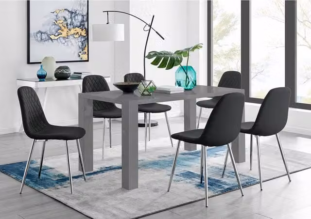 FurnitureboxUK Pivero Grey High Gloss Rectangular Dining Table and 6 Corona Silver Chairs in Black