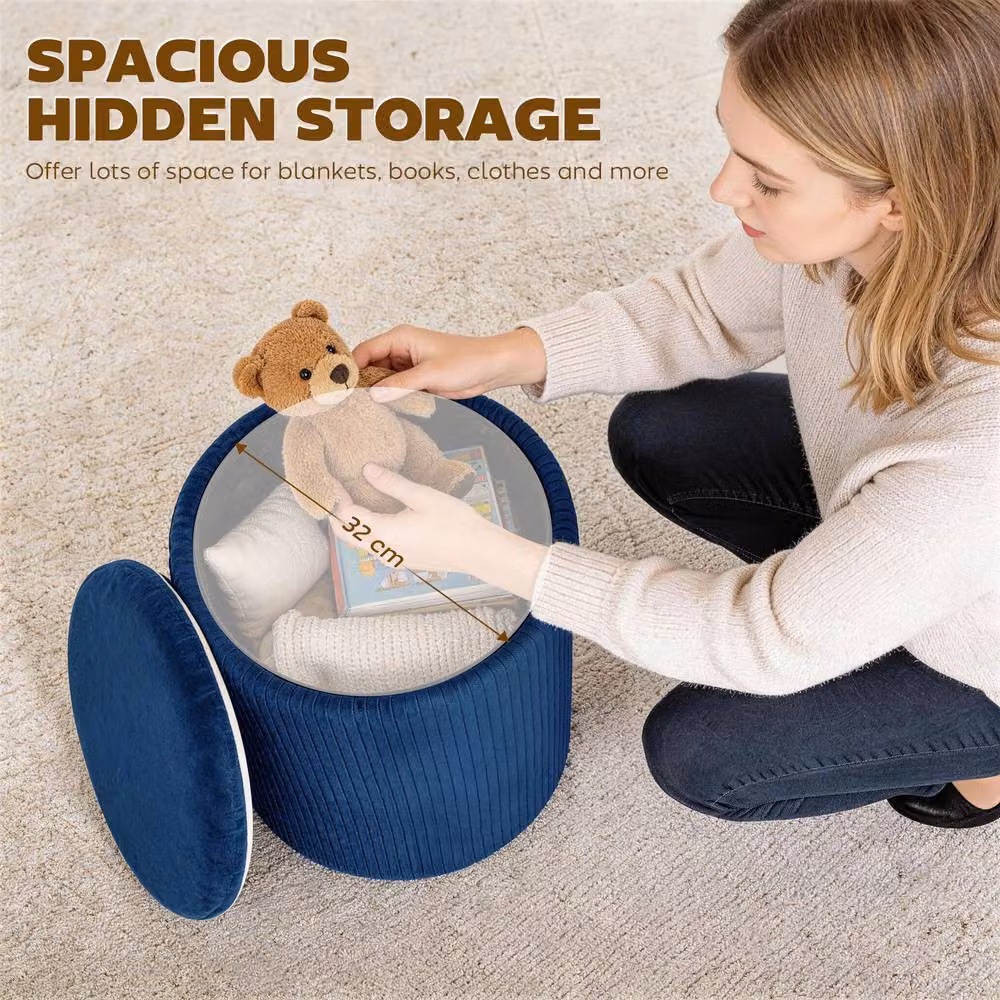 HOMCOM Round Storage Ottoman with Removable Cover in Blue – 5