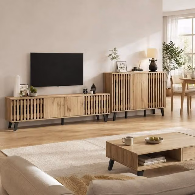 Merax Modern Wood Effect Living Room Furniture Set in Brown featuring 180cm TV Stand and 150cm Sideboard – 1