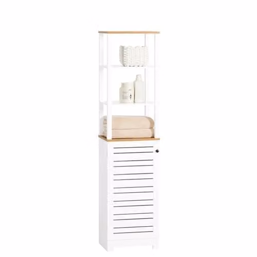 SoBuy Tall Slim Freestanding Bathroom Storage Cabinet in White with Open Shelves and Hinged Doors, W: 40 cm, D: 30 cm, H: 160 cm