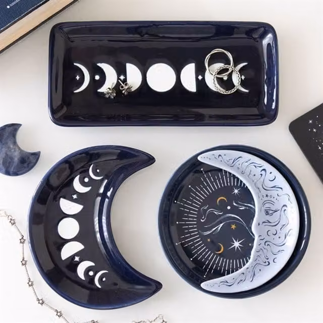 KDMK Blue Organic Ceramic Moon Phase Crescent Trinket Dish and Ring Bowl