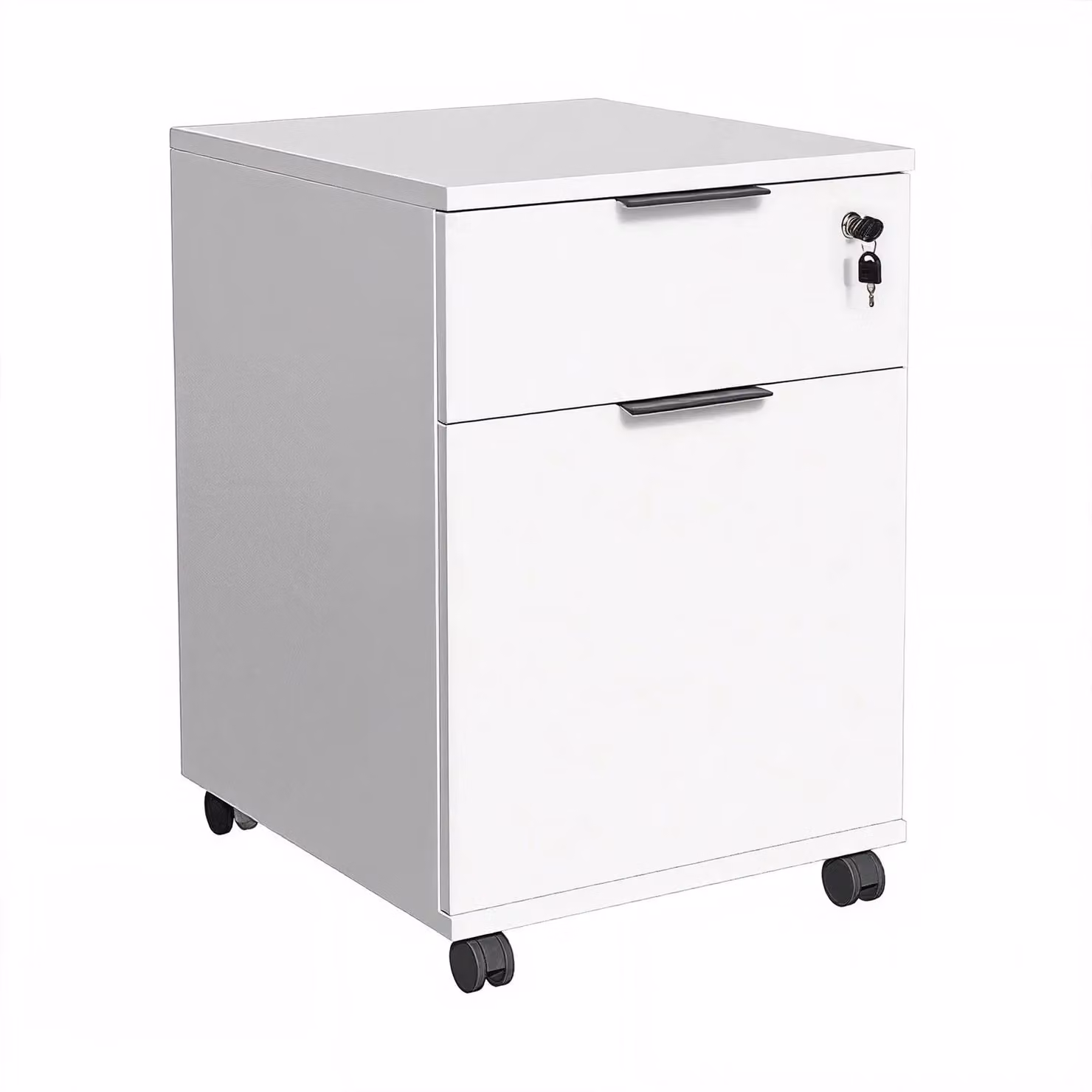 FWStyle Matt White Lockable Mobile Office Cabinet with 1 Drawer and 1 Door on Castors – 3