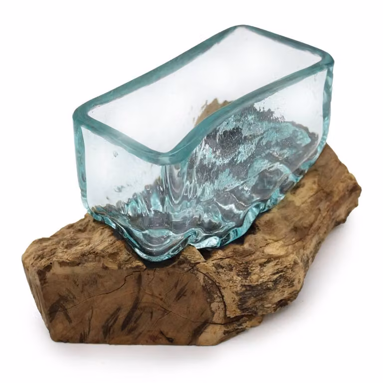Serenityy Hand-Blown Molten Glass Bowl on Wood Stand, Blue, Medium