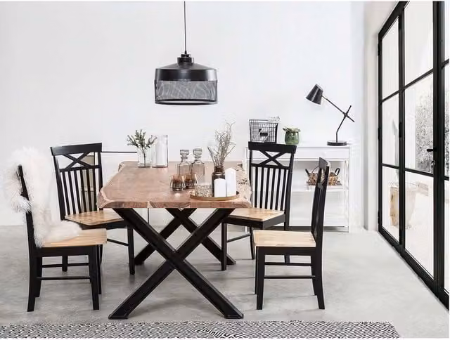 IH Design Live Edge Rectangular Acacia Wood Dining Table with X-Frame Metal Legs in Brown