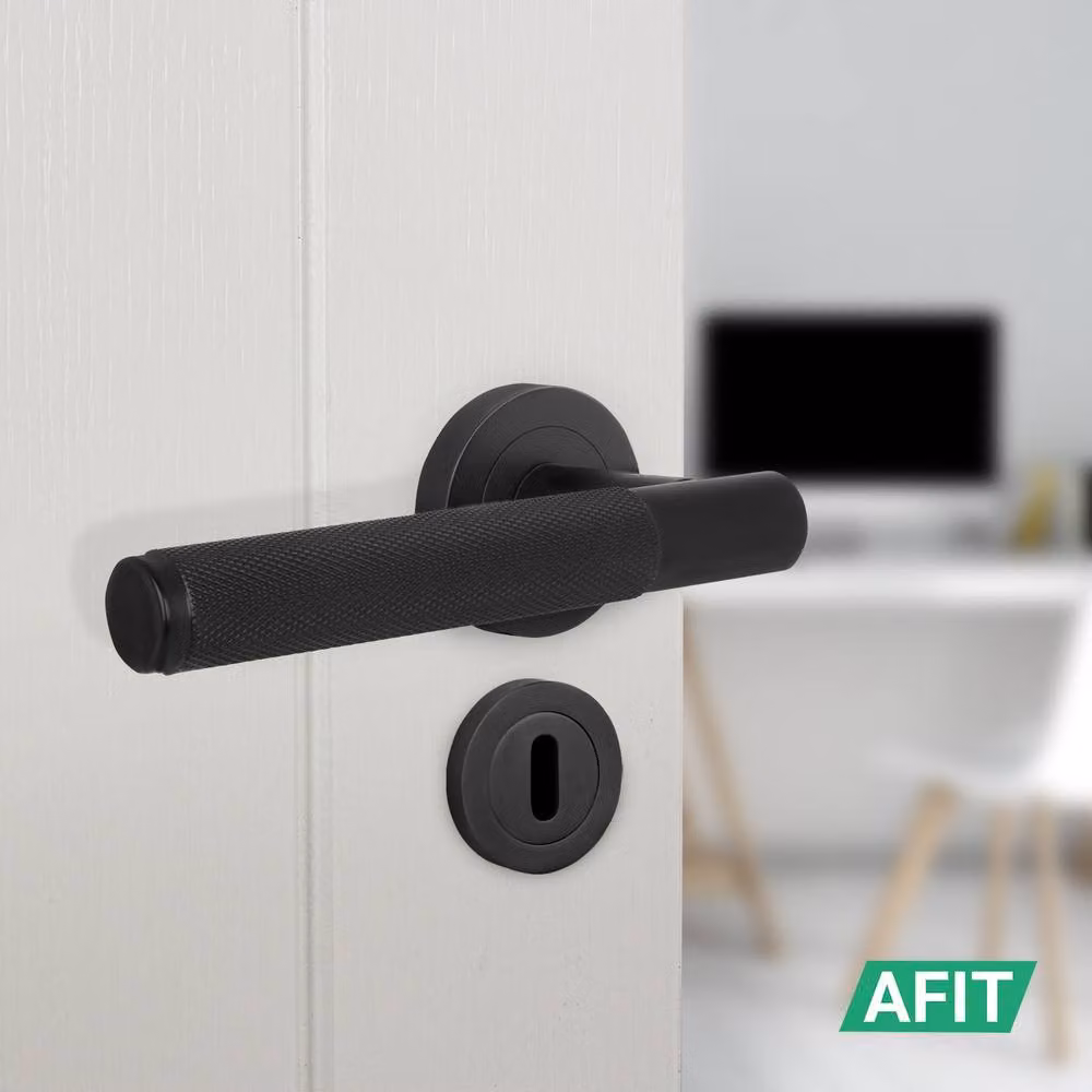 AFIT Matt Black Round Rose Door Handle with Key Lock and Hinges, W/D/H: 15 x 15 x 2 cm – 5