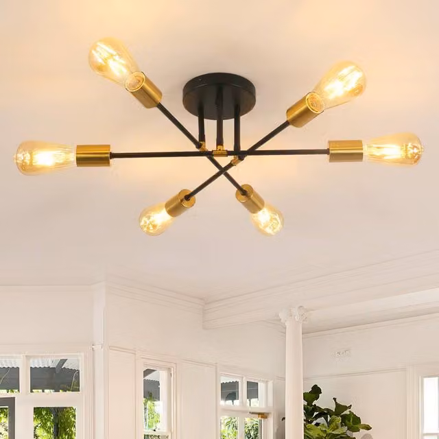 COMELY Sputnik Mid-Century Ceiling Light, 6-Light E27 Metal Flush Mount in Black and Gold