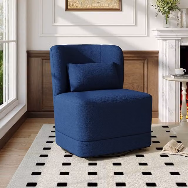 Livingandhome Blue Boucle Teddy Fur Upholstered Swivel Barrel Tub Chair