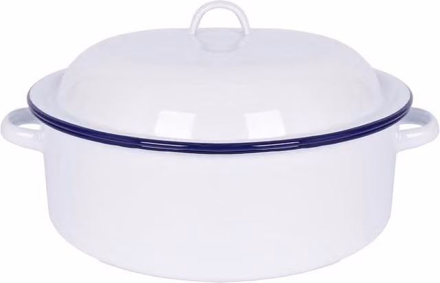Argon Tableware White and Blue Round Enamel Steel Roasting Dish with Lid, Diameter: 30 cm