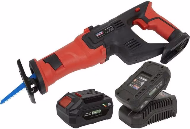 Loops CP20V 20 V Cordless Reciprocating Saw Kit in Red and Multicolour with 2 Rechargeable Batteries, Battery Charger and Canvas Bag