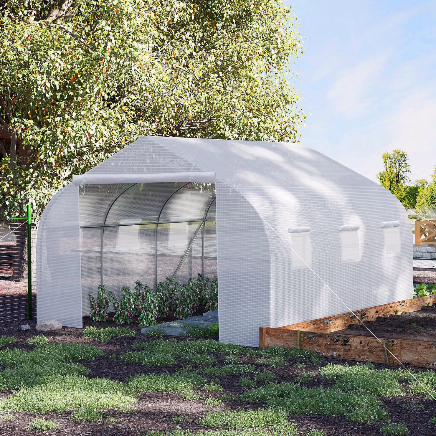 Outsunny White Walk-In Greenhouse Polytunnel with Steel Frame, Roll Up Door and Windows, W: 4.5 m, D: 3 m, H: 2 m – 2