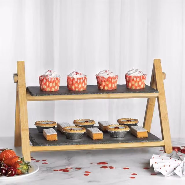 Maison & White 2 Tier Rectangular Slate and Bamboo Cake Stand in Grey and Black
