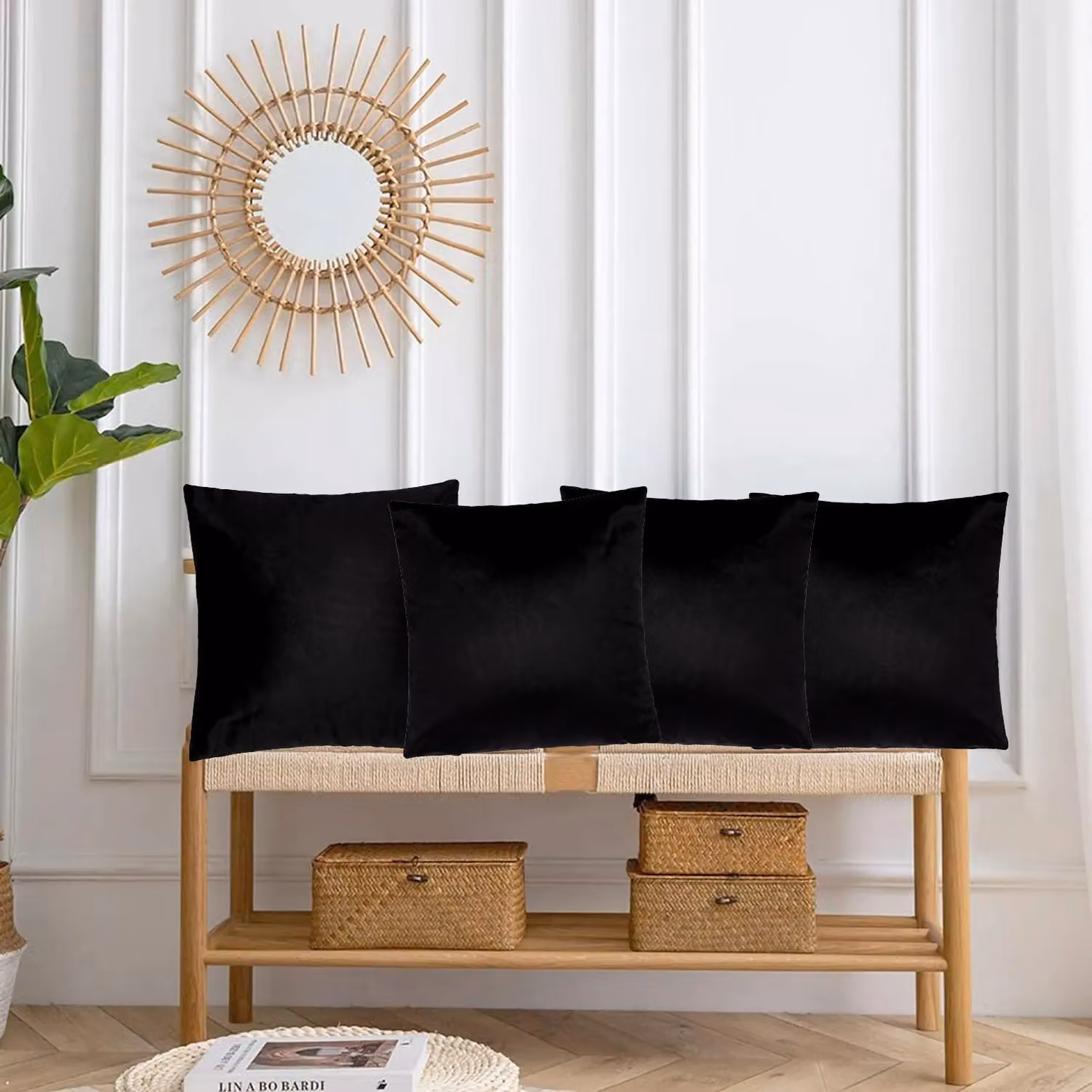 Luxor Living Set of 4 Black Velvet Square Cushions with Hollow Fibre Filling, W/D/H: 45 x 45 x 45 cm – 5