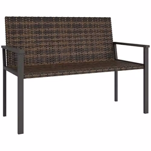 Outsunny 2 Seater Rattan Garden Bench with Quick-Drying Padding in Brown, W: 120 cm, D: 60 cm, H: 85 cm