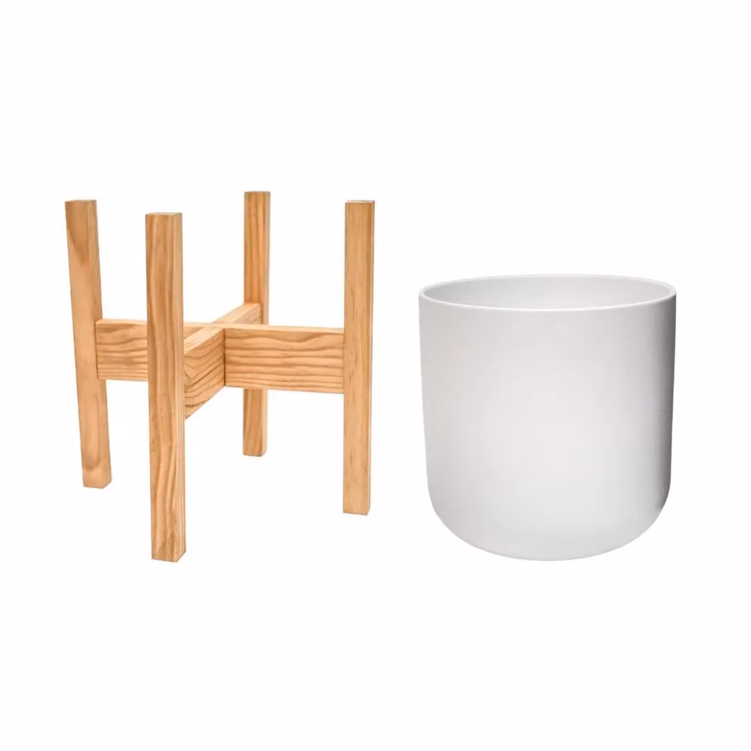 Ivyline Lisbon Ceramic Pot and Wood Stand, White, Diameter: 26 cm – 2