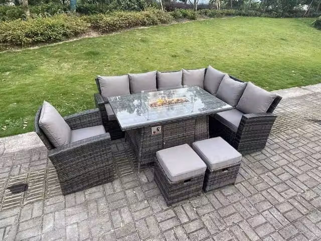 Fimous 9 Seater Rattan Garden Furniture Set with Gas Fire Pit Dining Table and Gas Heater in Dark Grey
