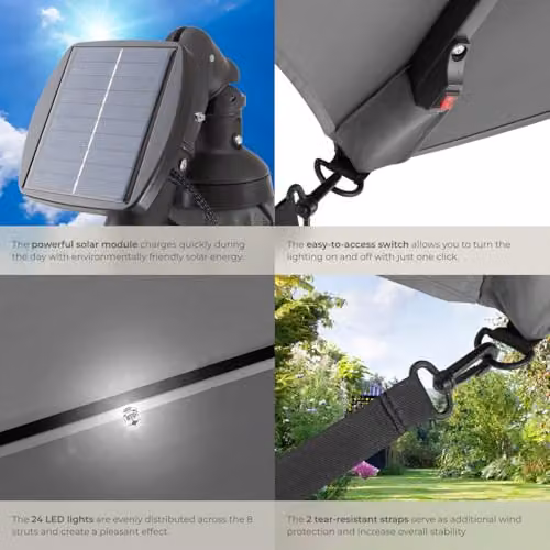 tectake Garden Parasol with Solar LED Lights, Water-Repellent Polyester Canopy and Hand Crank, Light Grey, W/D/H: 250 x 250 x 250 cm – 4
