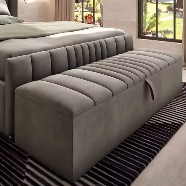 PARADISE BEDS LTD Modern Rectangular Ottoman Storage Footstool in Grey Velvet, W/D/H: 90 x 35 x 35 cm