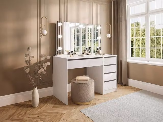JENEMI Gloss White Dressing Table with LED Mirror and 5 Drawers, W: 120 cm, D: 55 cm, H: 142.6 cm