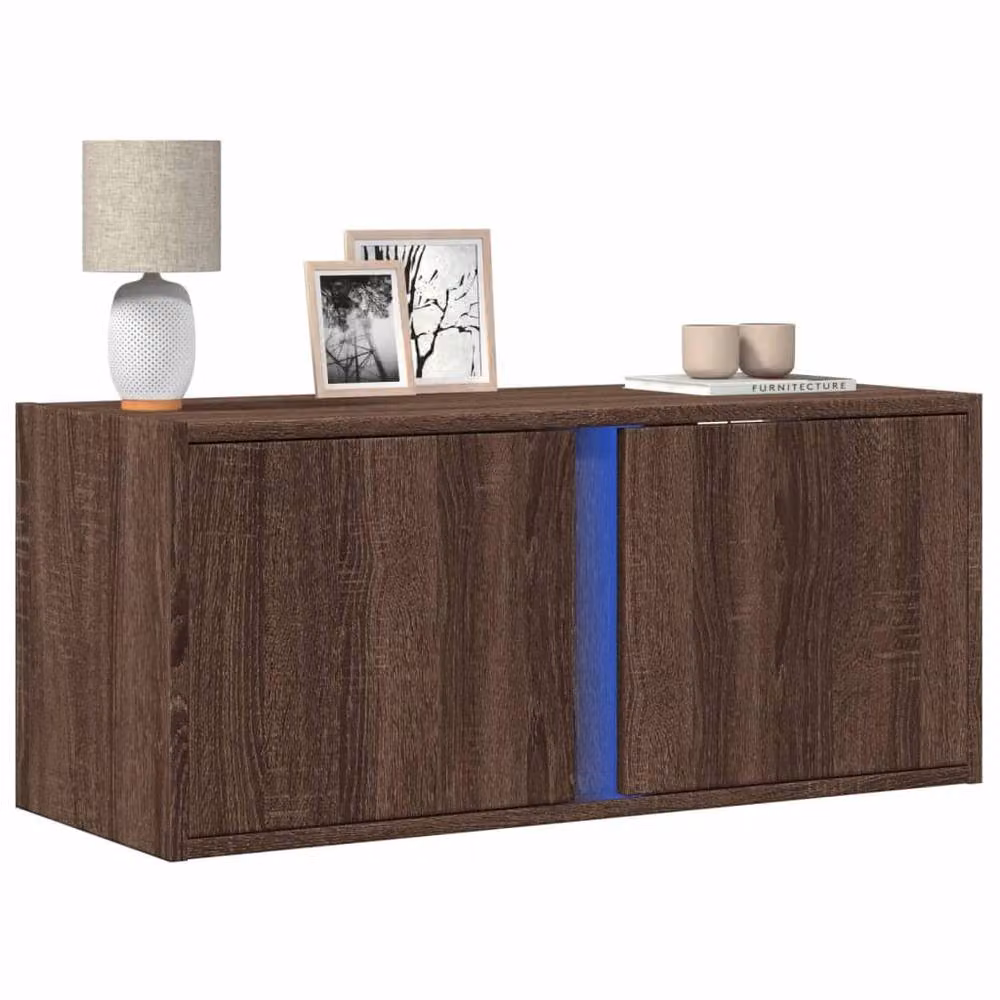 Berkfield Home TV Wall Cabinet with LED Lights in Brown Oak, W/D/H: 80 x 31 x 35 cm – 2