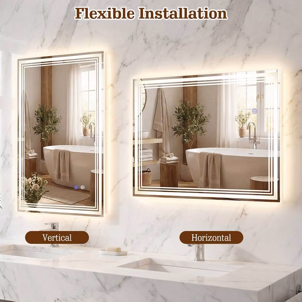 Costway LED Rectangular Wall Vanity Bathroom Mirror in White W: 70 cm x H: 70 cm – 6