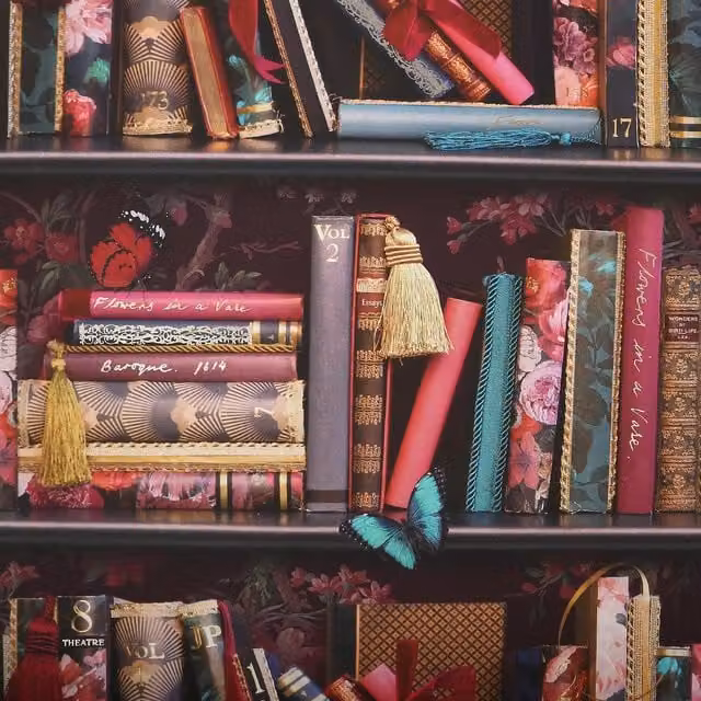 Superfresco Easy Bodleian Bookcase Effect Abstract Typography Wallpaper in Multicoloured Pink Vintage Style