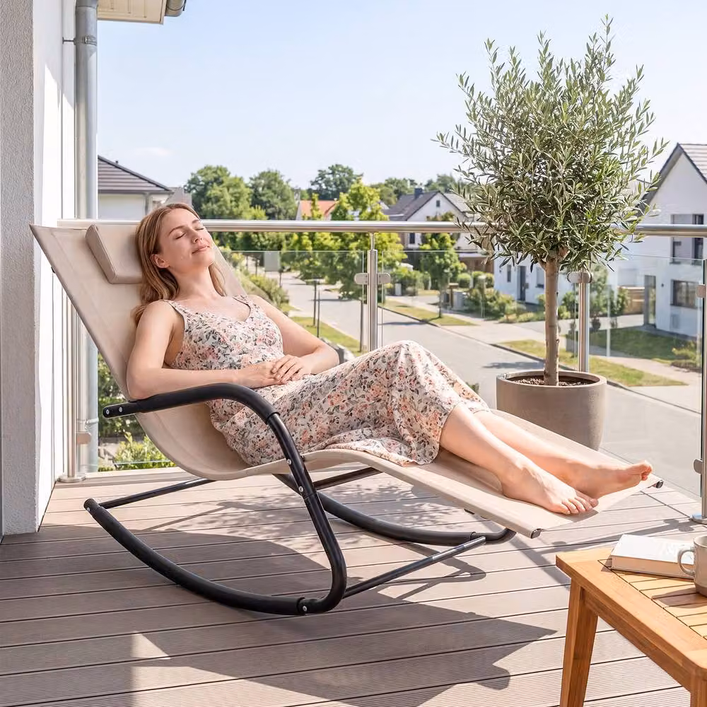 Costway Beige Patio Rocking Lounge Chair with Adjustable Headrest and Armrests – 2