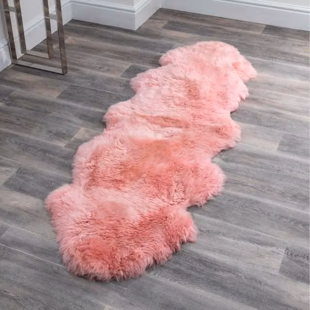 Native Natural Genuine Double Sheepskin Wool Rug in Pink
