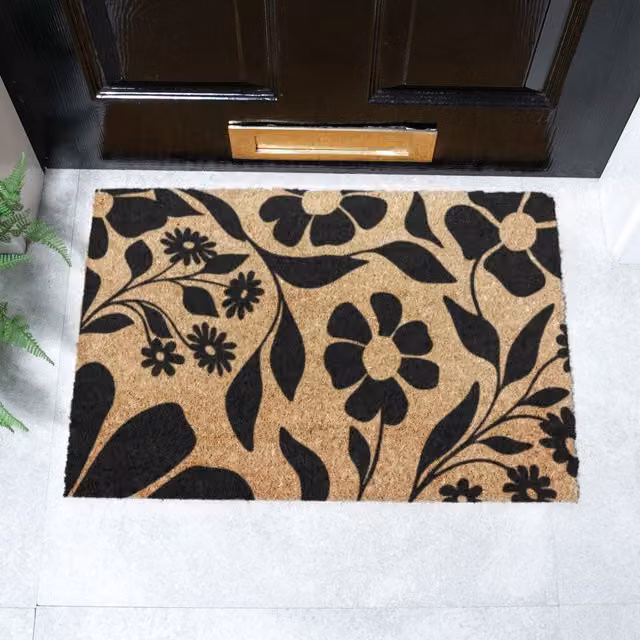 Artsy Mats Black Floral Pattern Coir Doormat in Brown, W/D: 60 x 40 cm