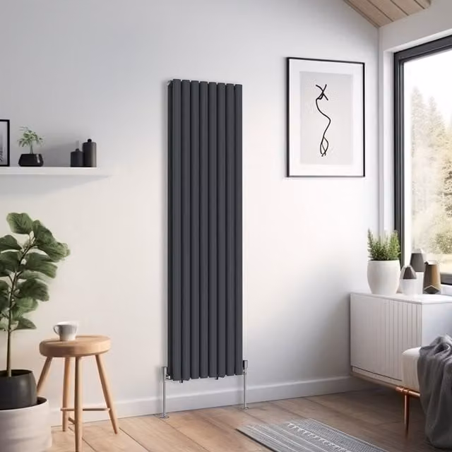Right Radiators Oval Double Panel Vertical Radiator in Anthracite, Height: 160 cm, Width: 47.2 cm, Depth: 47.2 cm