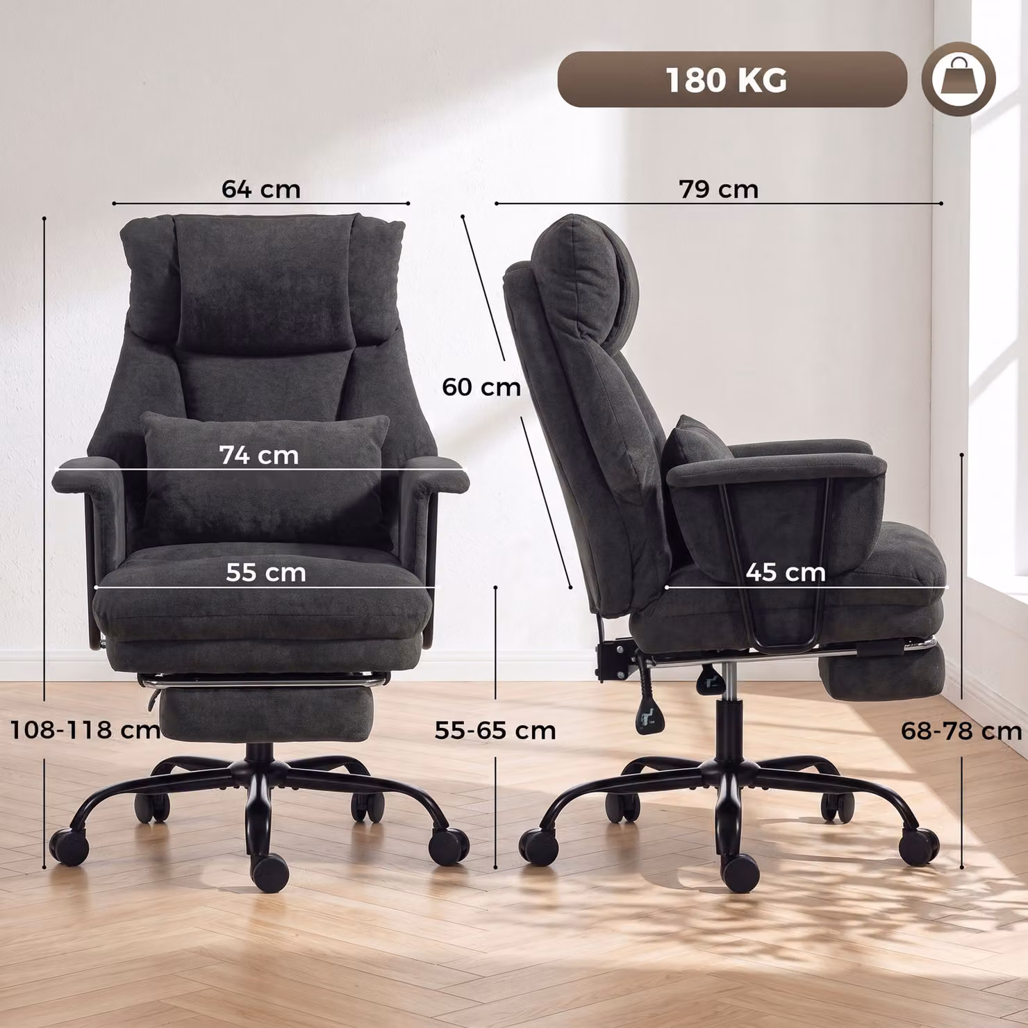 HOMCOM Black Fabric Task Chair with Lumbar Support and 360 Degree Swivel for Home Office – 3