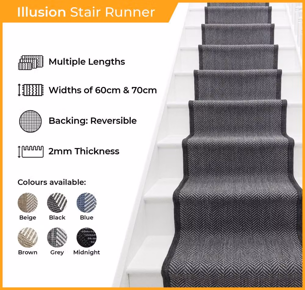 runrug Illusion Reversible Durable Stair Runner Carpet, Blue, W: 60 cm, L: 540 cm – 2