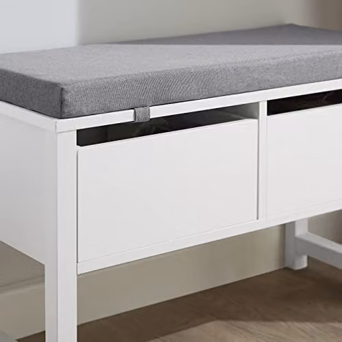 SoBuy FSR88-W Modern Shoe Bench with Seat Cushion and 2 Drawers, White and Grey – 4