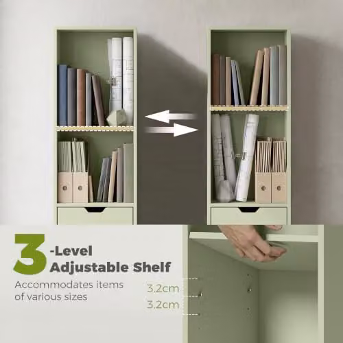 HOMCOM 6-Tier Slim Green Bookshelf with Drawer, W/D/H: 30 x 24 x 158 cm – 3