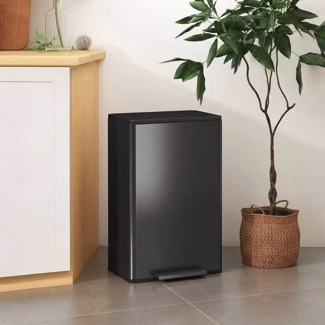 STILVORA 45L Black Stainless Steel Pedal Kitchen Bin with Soft-Close Lid and Removable Inner Bucket