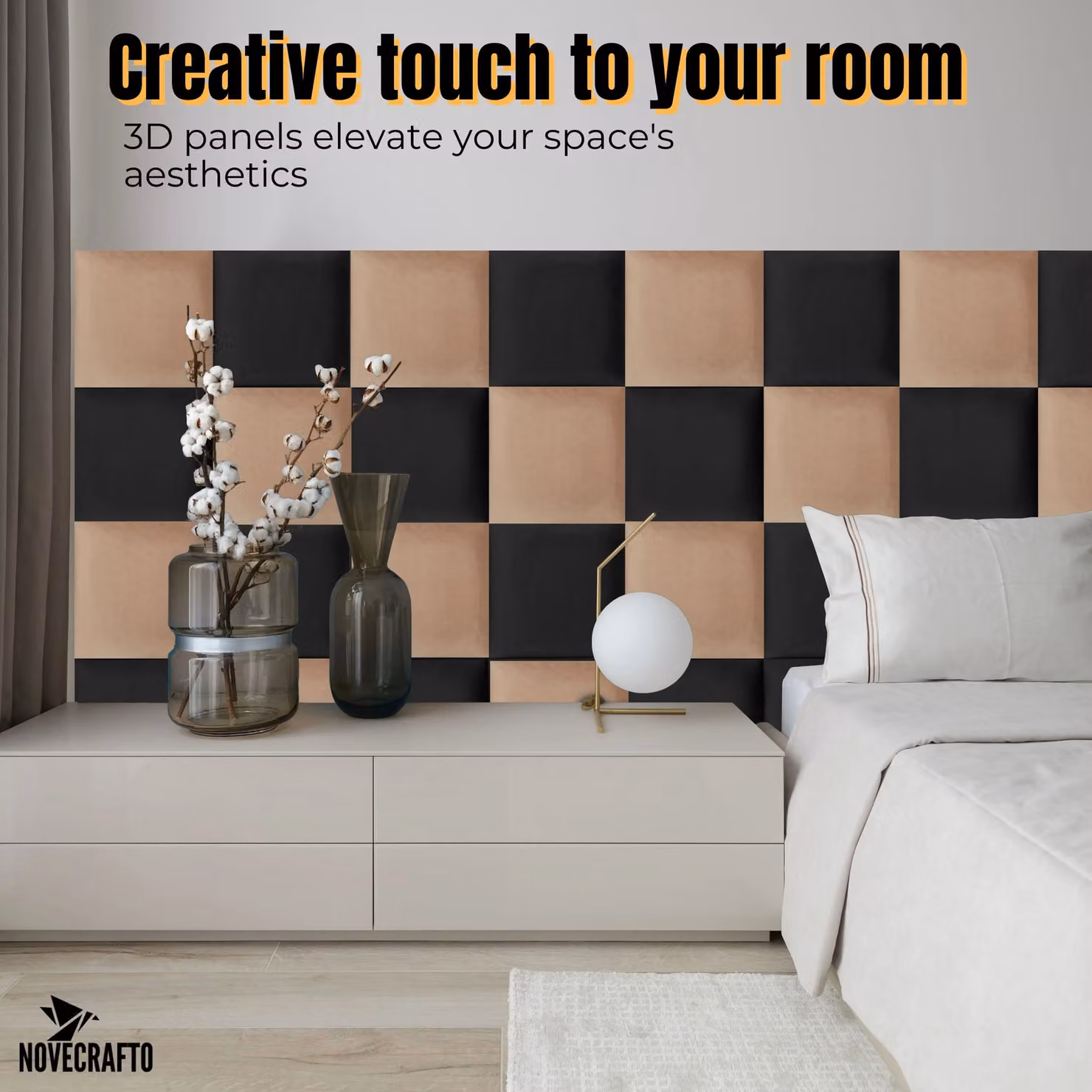 Novecrafto Set of 4 Soft Velvet Upholstered Wall Panels with Adhesive, Black, W/D/H: 30 x 30 x 3 cm – 5