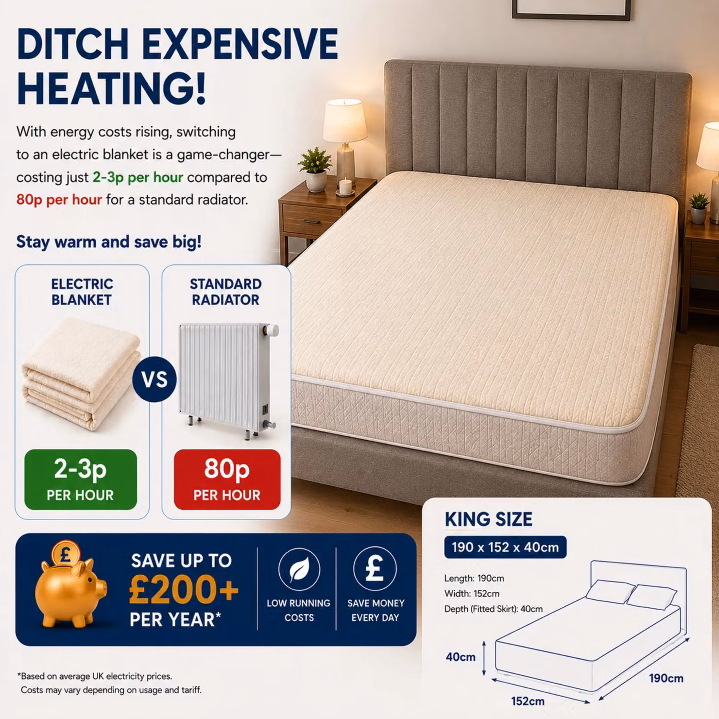 MYLEK White Fleece Electric Heated Fitted Mattress Cover, King Size, 180 x 200 cm – 5